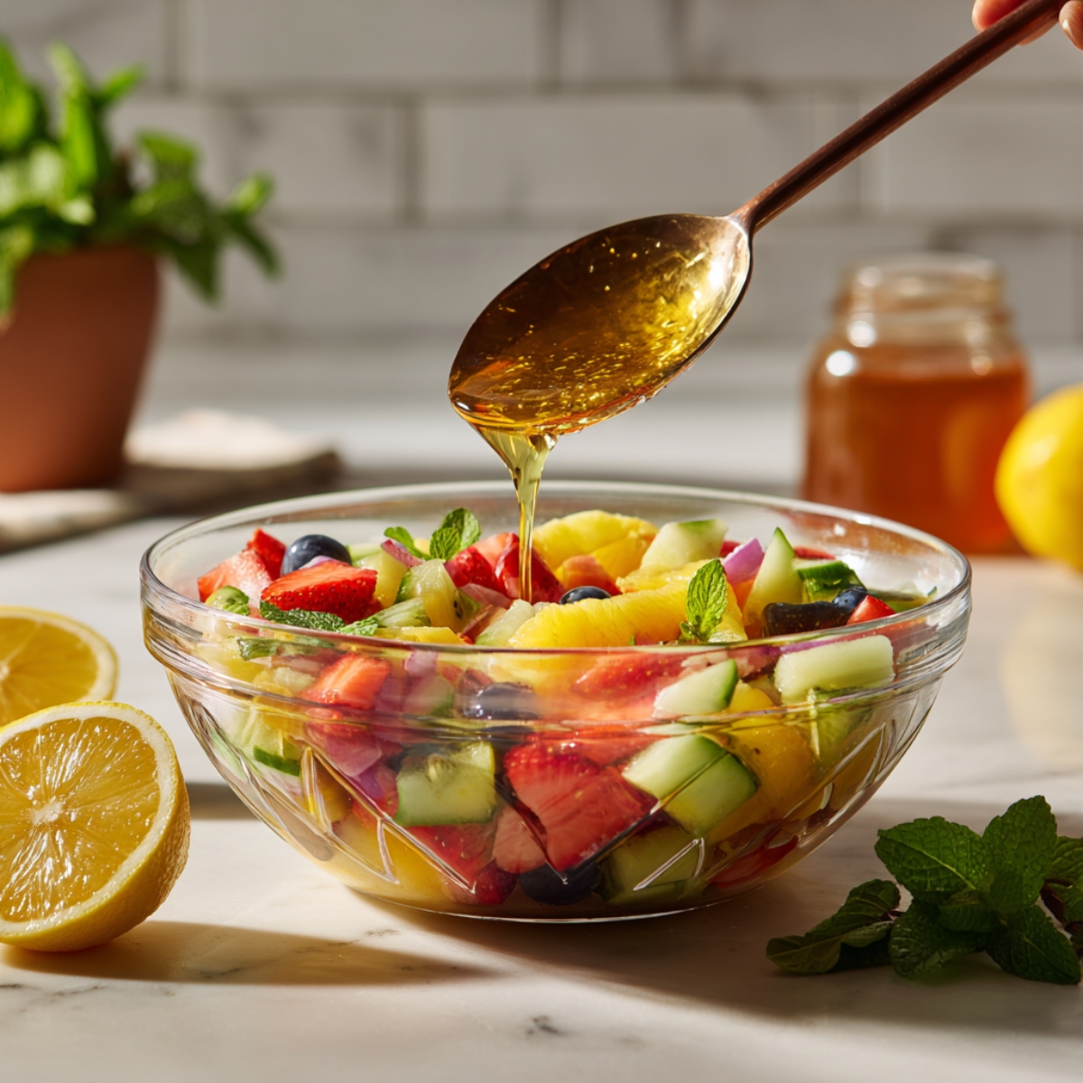 A hand pouring golden honey from a spoon over a vibrant bowl of chopped fruits like strawberries, kiwi, pineapple, and blueberries, with lemons and mint in the background.