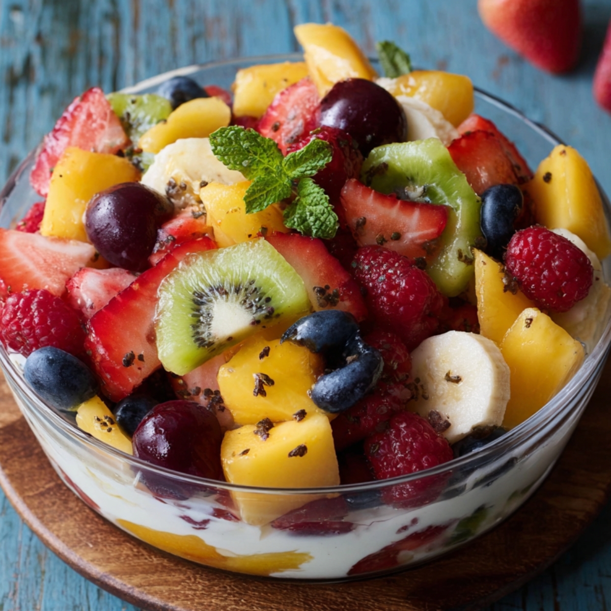 A colorful fruit salad with kiwi, strawberries, blueberries, raspberries, cherries, and mango slices, garnished with mint in a glass bowl on a rustic wooden table.
