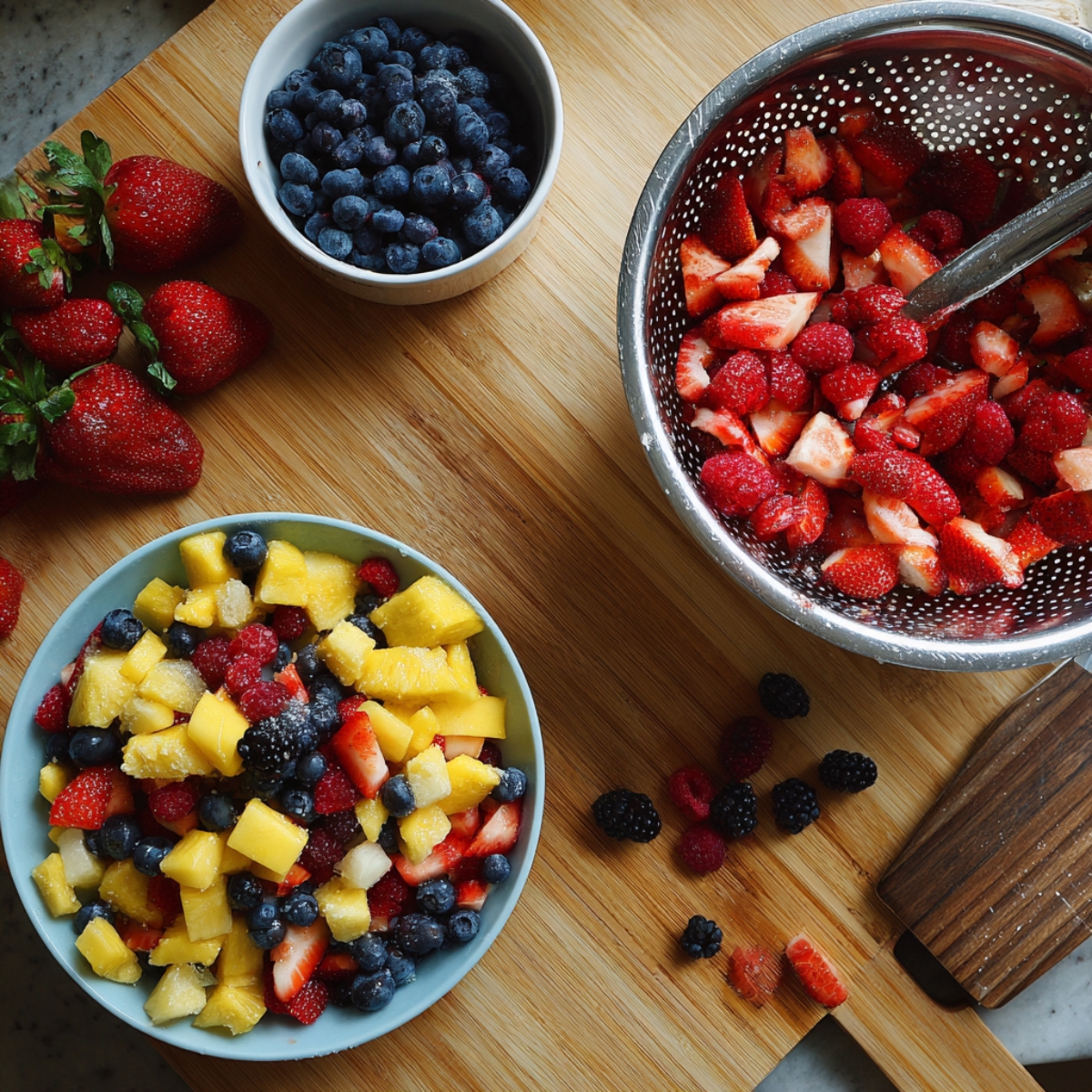 A prep scene showing cut strawberries, blueberries, and mangoes in bowls on a wooden cutting board, with fresh berries and a colander filled with rinsed strawberries.