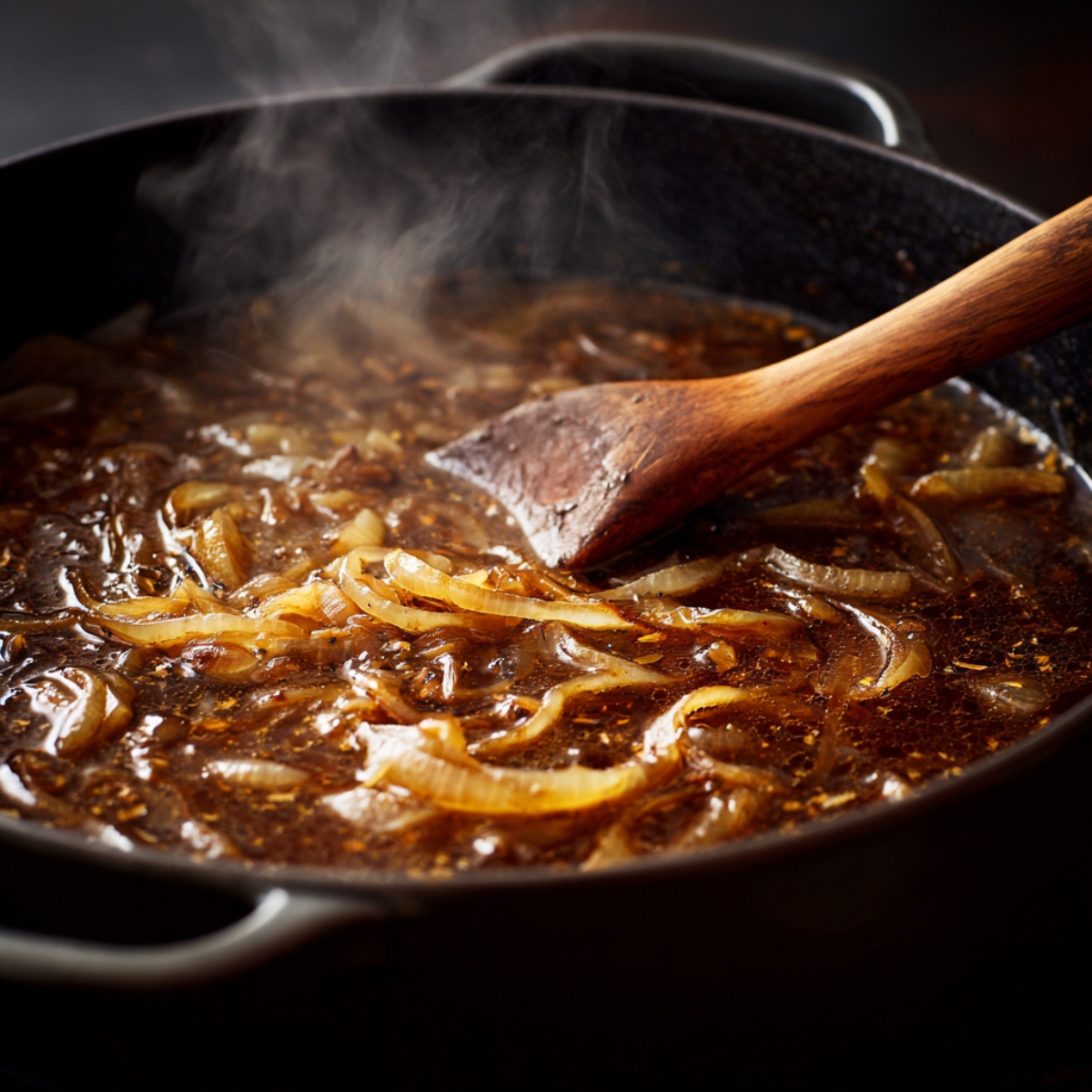 Close-up of caramelized onions simmering in dark broth inside a Dutch oven, steam rising, wooden spatula in the pot