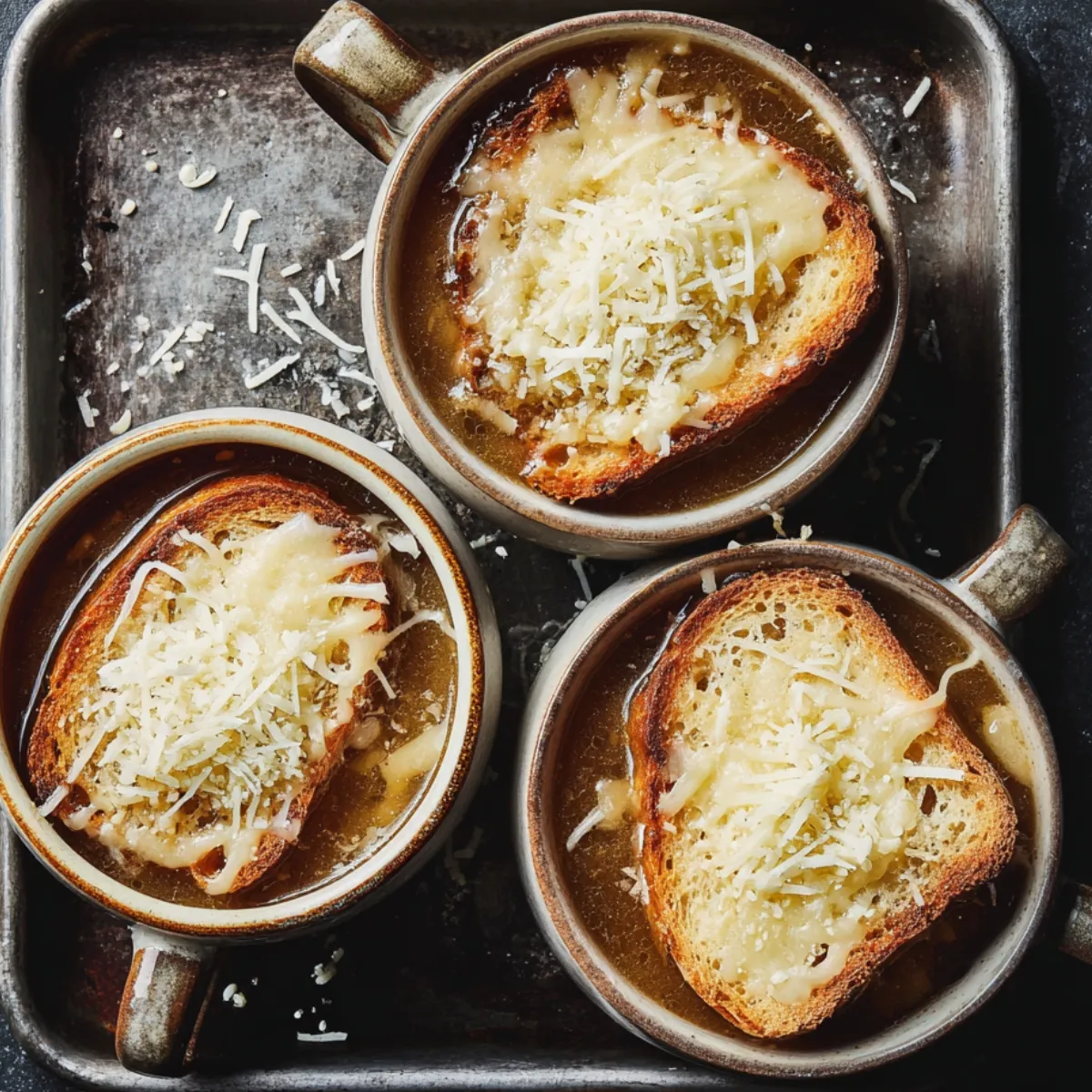 Top-down view of three bowls of French onion soup on a baking sheet, toasted baguette slices covered with shredded cheese.