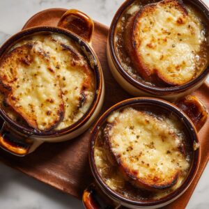 Overhead shot of three crocks of French onion soup, each topped with toasted bread and melted cheese on a wooden tray.