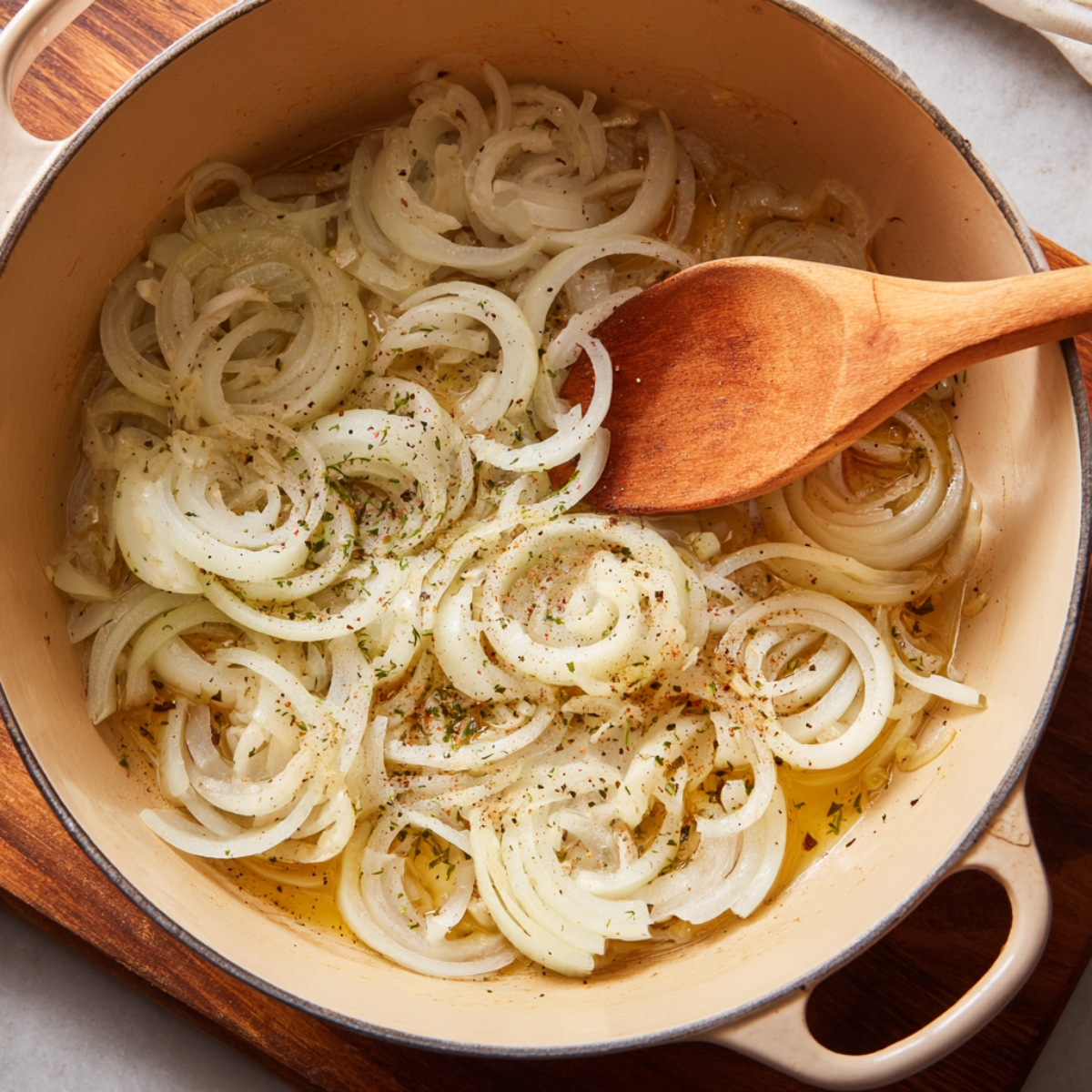 Wide shot inside a light Dutch oven with sliced onions softening in butter, seasoned with pepper and herbs, wooden spoon stirring.
