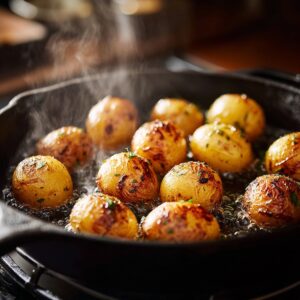 Close-up of whole baby potatoes sizzling and steaming in a cast-iron skillet, speckled with herbs and crisped skins.