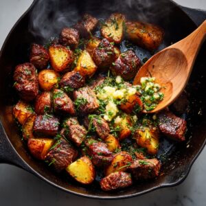 Cast-iron skillet of seared steak bites and golden potatoes tossed with herbs; a wooden spoon scoops in melted garlic butter.