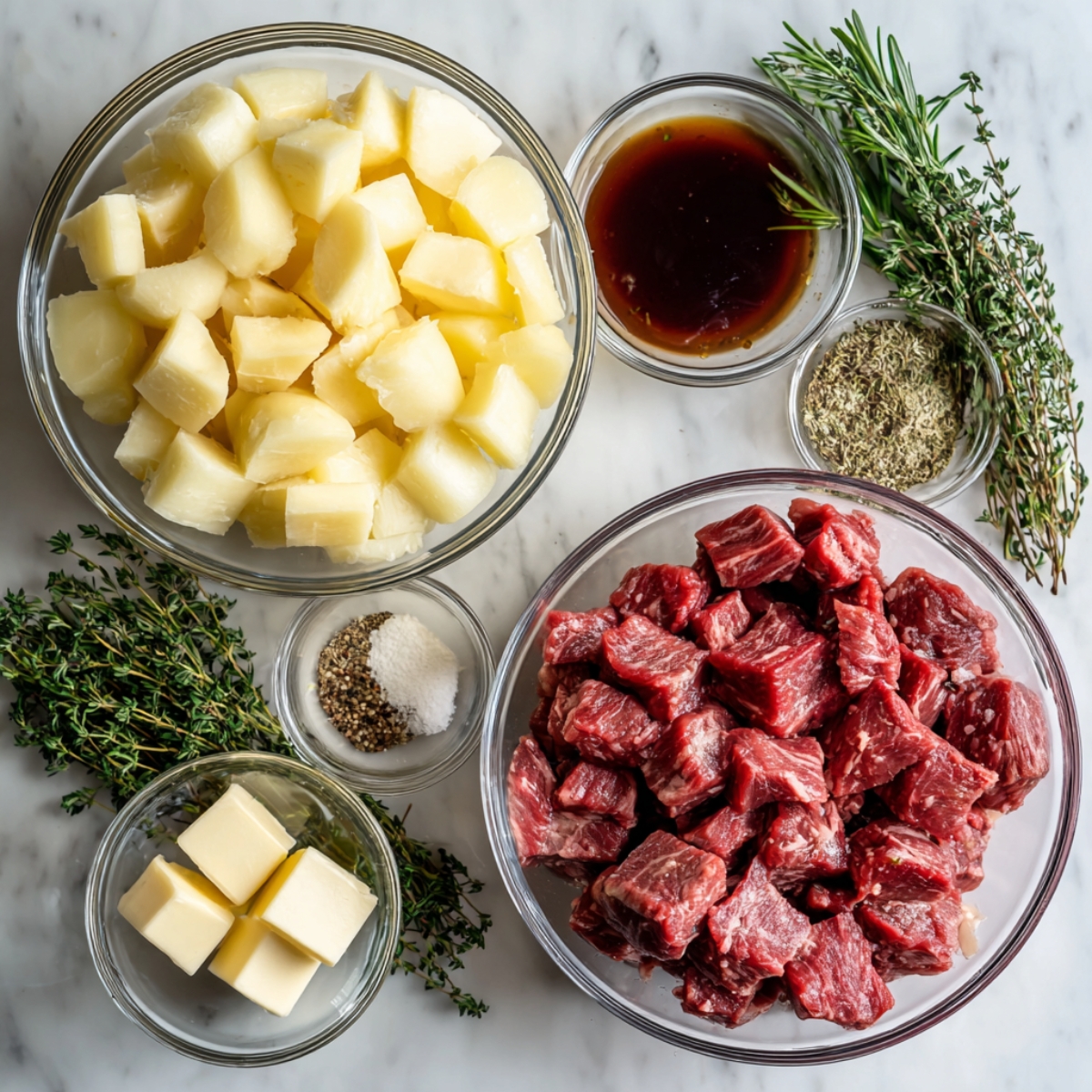 Overhead view of bowls with diced steak, cubed potatoes, butter, Worcestershire sauce, dried herbs, salt, pepper, and fresh thyme/rosemary on marble.