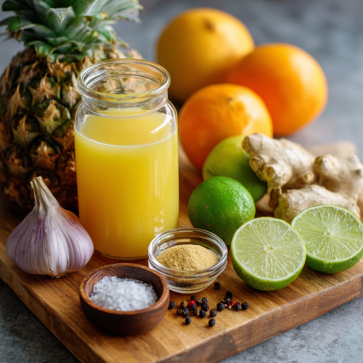 A glass jar of bright orange juice on a wooden cutting board, surrounded by whole oranges, a pineapple, a head of garlic, fresh ginger, halved limes, a small bowl of coarse salt, and a tiny dish of golden vitamin C powder.