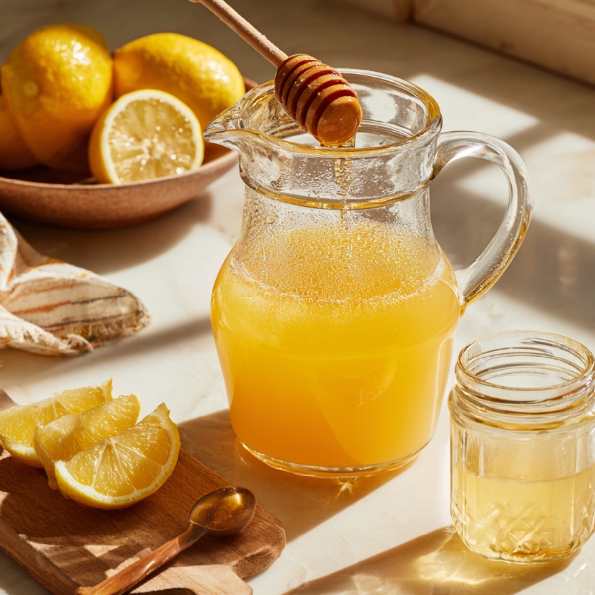 A clear glass pitcher on a marble countertop containing a mixture of fresh ginger juice, lemon juice, and orange juice, with a wooden honey dipper resting across its rim dripping honey into the liquid; in the background are a bowl of lemons, lemon wedges on a small wooden board, and a small jar of strained ginger juice.