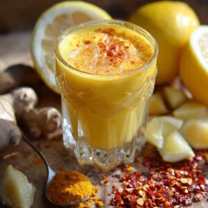 A small crystal shot glass filled with bright golden-yellow turmeric-ginger elixir dusted on top with a pinch of red chili flakes, set on a rustic wood slice alongside a spoon of turmeric powder, scattered red pepper flakes, chunks of fresh ginger, and halved lemons, all bathed in warm sunlight.