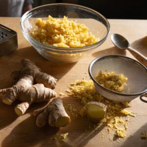 A sunlit wooden countertop featuring fresh ginger roots—some peeled, some whole—a metal box grater, a glass bowl overflowing with grated ginger, and a fine-mesh strainer catching fresh ginger pulp, while in the background a smiling young girl on a step stool holds a spoon.