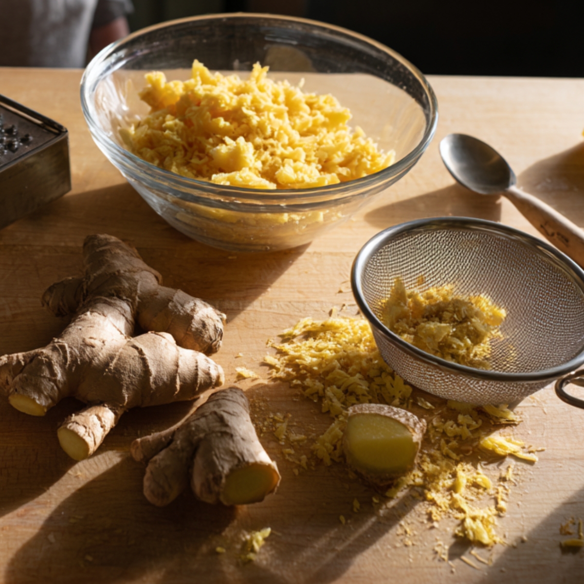 A sunlit wooden countertop featuring fresh ginger roots—some peeled, some whole—a metal box grater, a glass bowl overflowing with grated ginger, and a fine-mesh strainer catching fresh ginger pulp, while in the background a smiling young girl on a step stool holds a spoon.