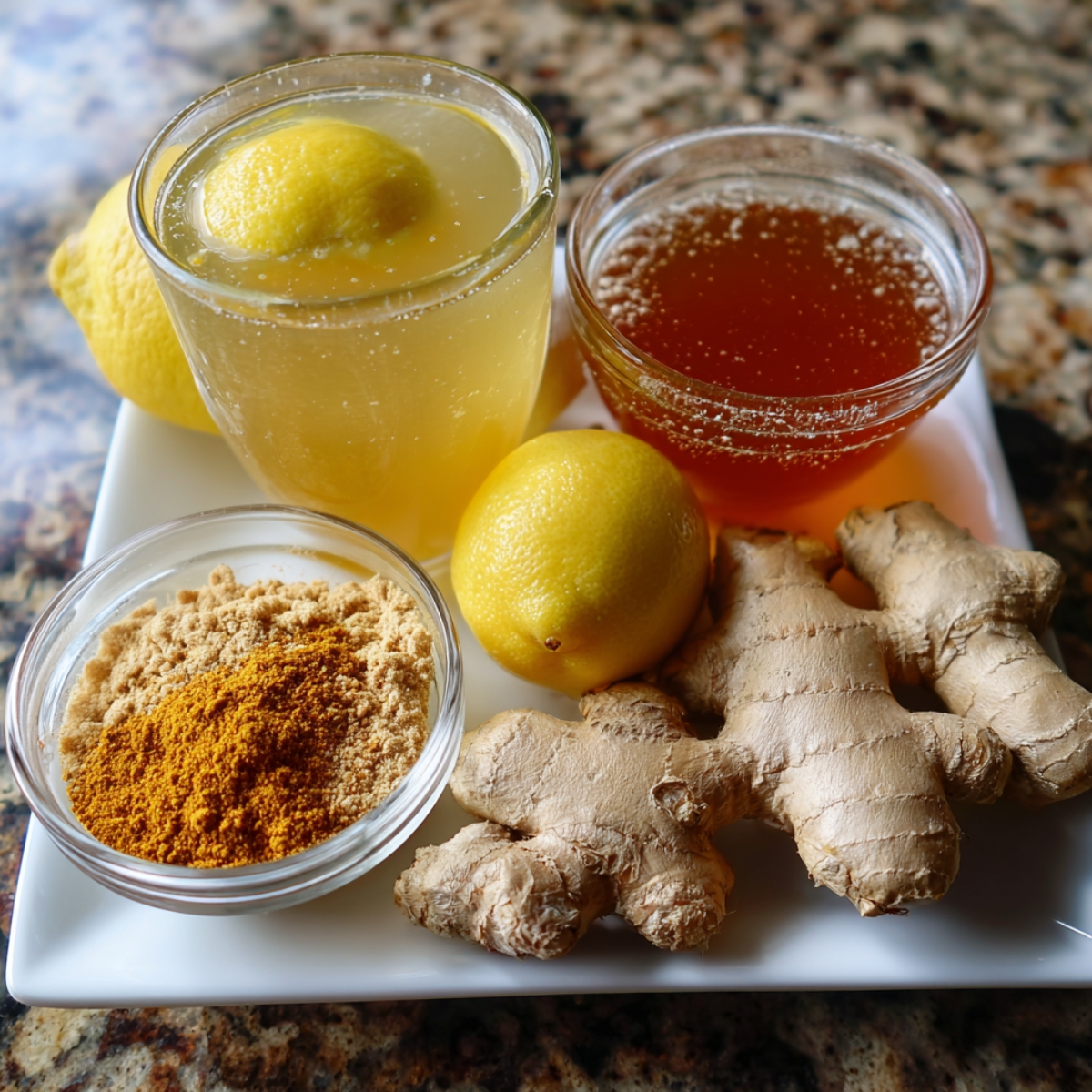 A small clear glass of golden wellness shot with a lemon half floating on top, beside a bowl of raw honey, fresh ginger roots, a whole lemon, and a glass ramekin filled with vibrant turmeric powder.