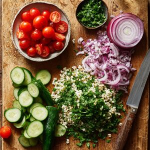Top‑down shot of a wooden cutting board holding halved cherry tomatoes in a bowl, thinly sliced red onion, diced cucumber, and a pile of roughly chopped parsley, with a chef’s knife at the edge
