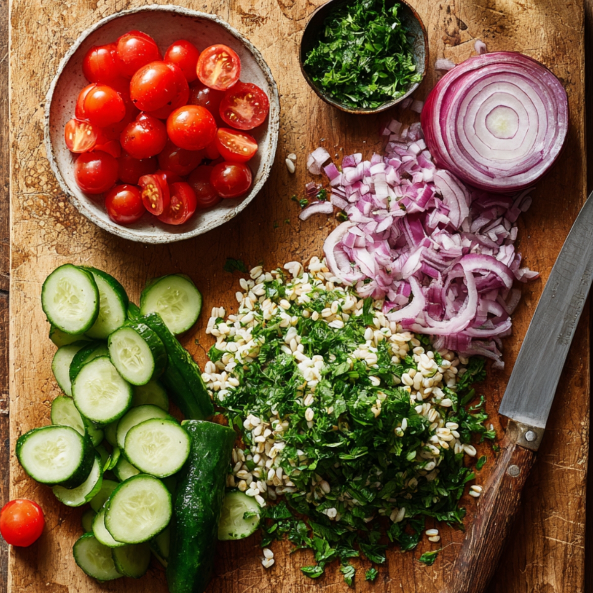 Top‑down shot of a wooden cutting board holding halved cherry tomatoes in a bowl, thinly sliced red onion, diced cucumber, and a pile of roughly chopped parsley, with a chef’s knife at the edge