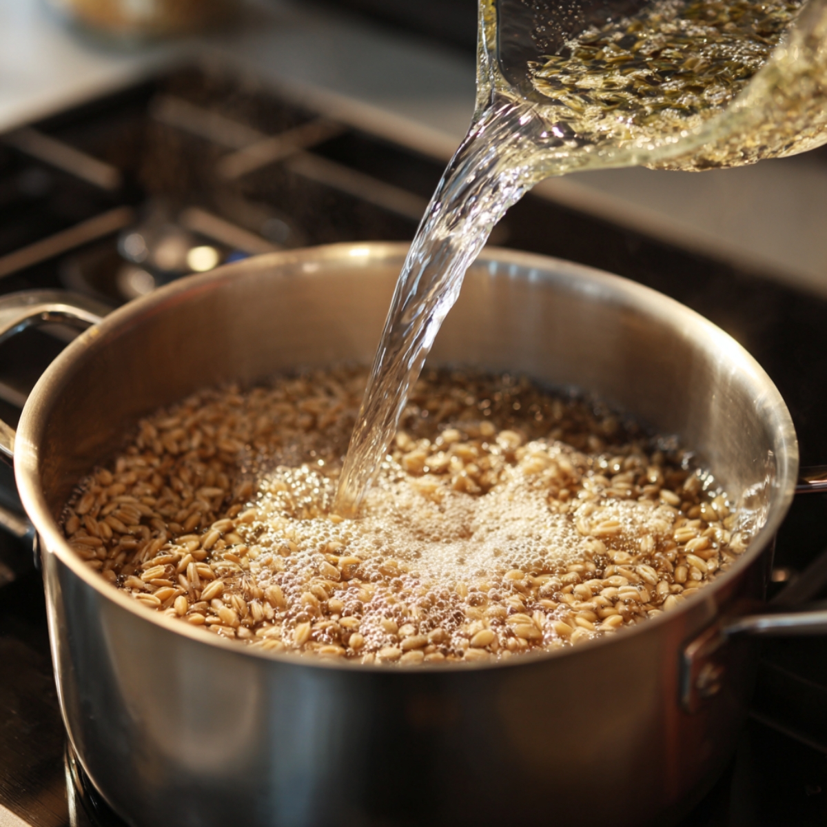 Overhead view of a stainless‑steel pot on a stovetop as boiling water is poured over pearled grains (orzo) inside, creating bubbles and steam around the pasta