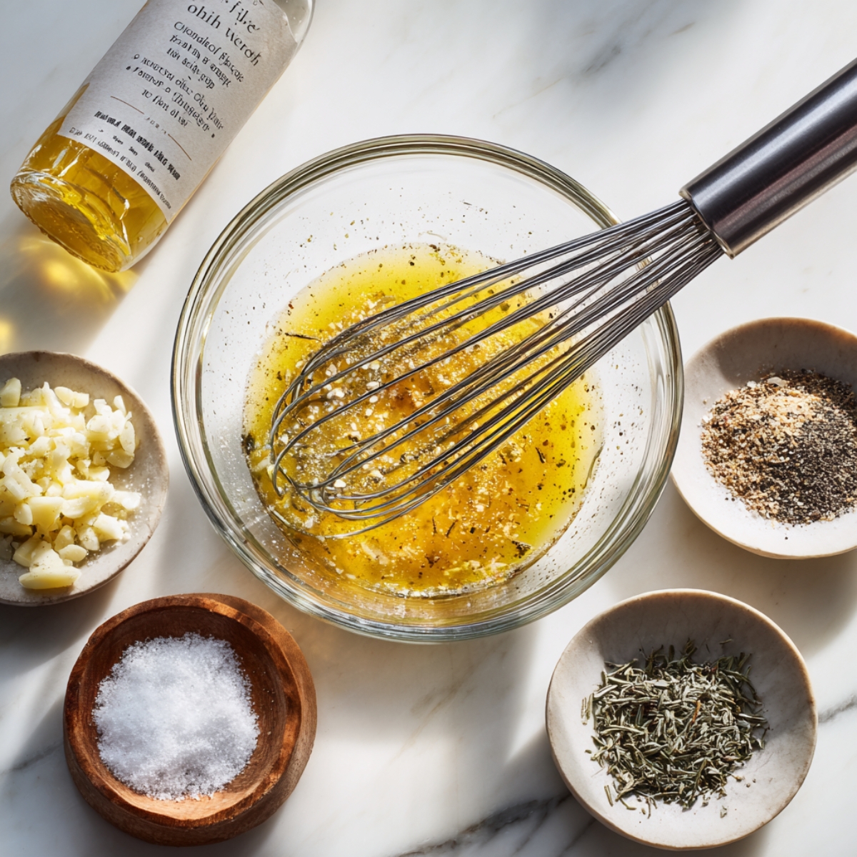 Clean marble countertop with a glass bowl of lemon‑olive oil vinaigrette being whisked; surrounding it are small dishes of minced garlic, dried oregano, coarse salt, and cracked black pepper.