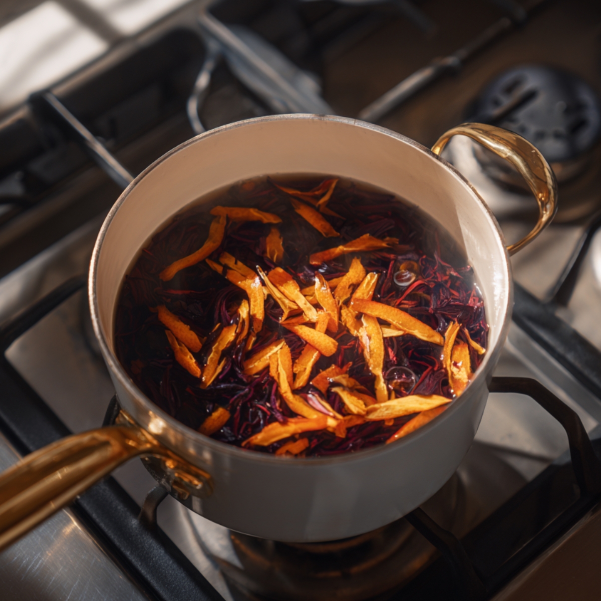 A bright kitchen scene featuring a clear glass pitcher of hibiscus tea studded with lemon slices and mint leaves, a wooden stirrer inside, and open books on a marble windowsill.
