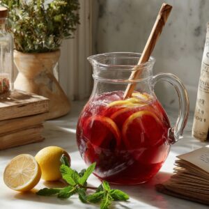 A white saucepan on a gas stove burner, filled with deep red hibiscus petals and orange peel strips bubbling in water.