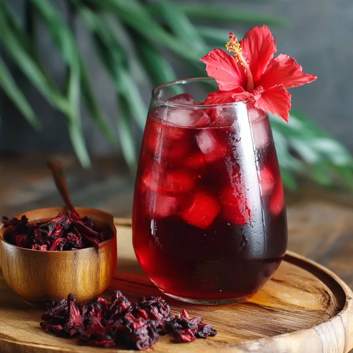 Close‑up of a short clear glass filled with deep red iced hibiscus tea recipe , garnished on top with a fresh red hibiscus flower; blurred greenery and a second glass appear in the background.