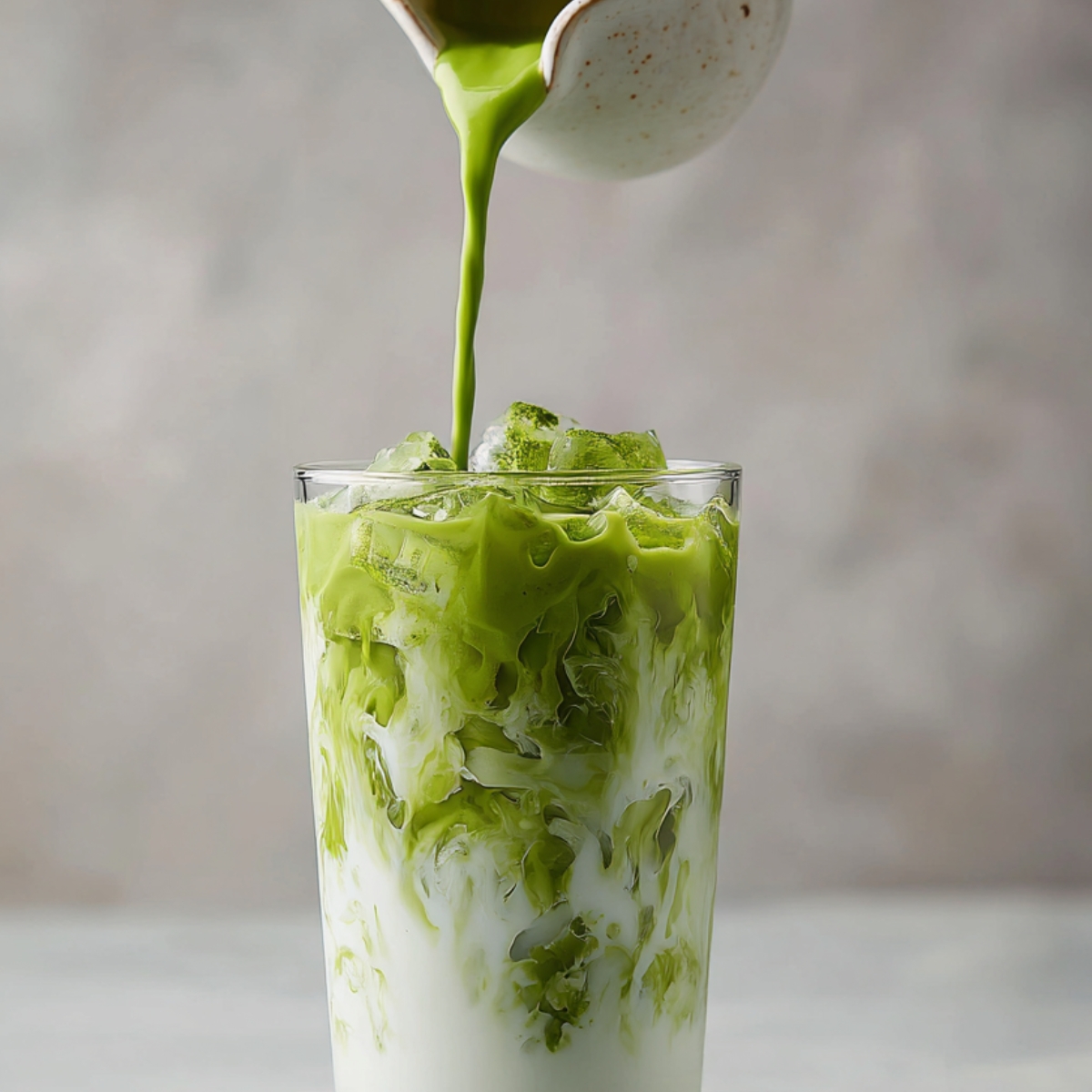 A tall clear glass filled with ice as bright green matcha is poured from a white pitcher, creating swirling patterns through creamy milk.