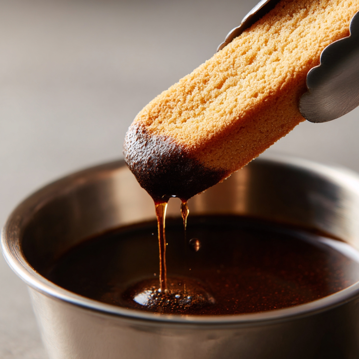A metal tong dipping a Savoiardi ladyfinger into a bowl of dark espresso, coffee dripping back into the bowl, captured in sharp focus against a neutral backdrop.