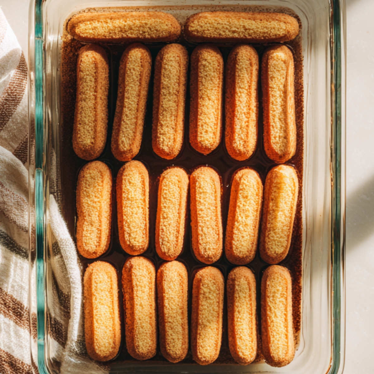 An angled shot of a rectangular glass baking dish showing two visible layers of coffee‑soaked ladyfingers and mascarpone cream, dusted lightly with cocoa powder, with a pink spatula lifting more cream.
