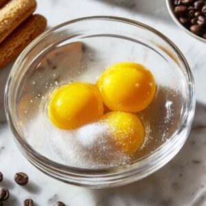 A clear glass bowl on a marble countertop containing three bright yellow egg yolks topped with a mound of fine granulated sugar. To the left, a few Savoiardi ladyfingers rest on the surface, and to the right, scattered coffee beans hint at the flavors to come.