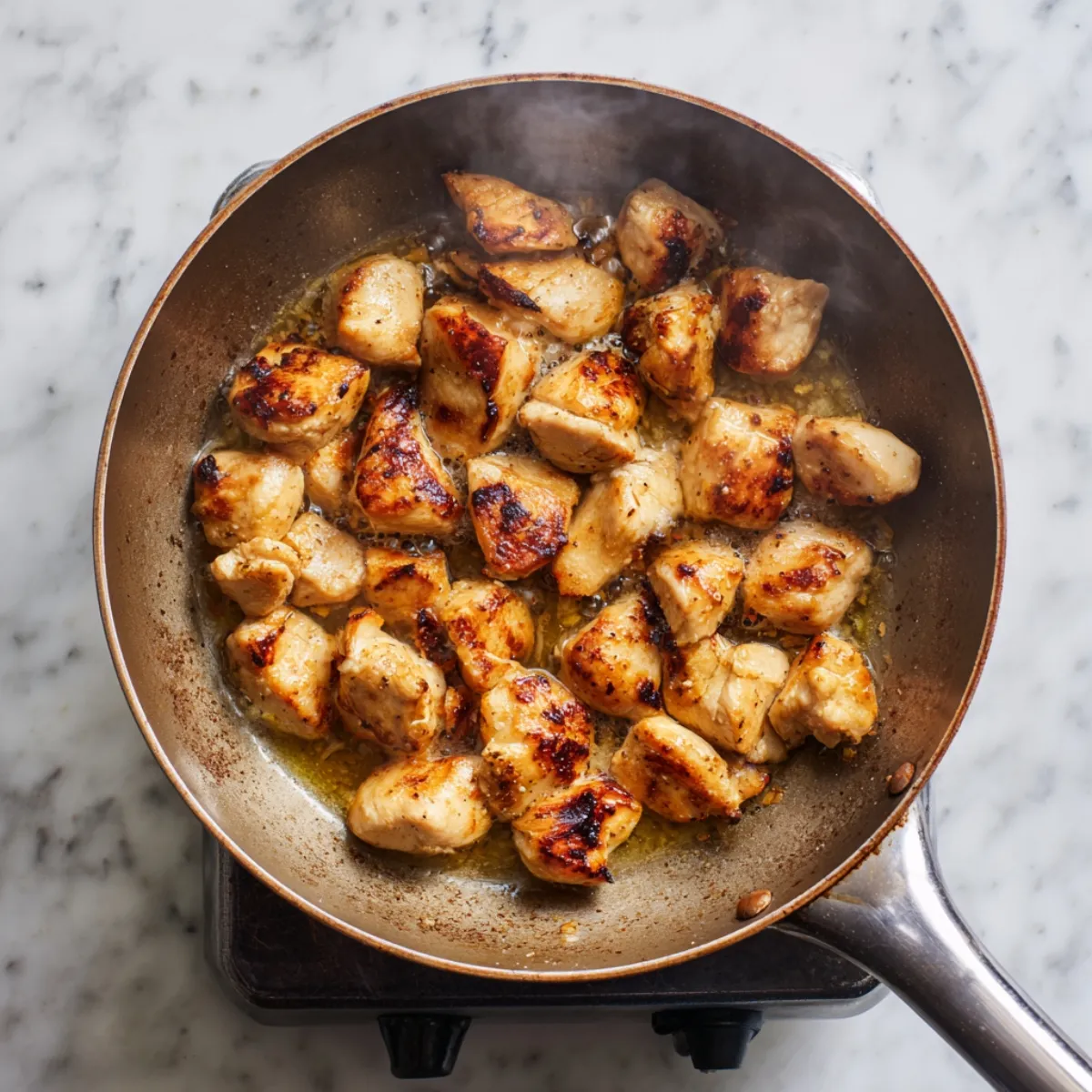 Bird’s‑eye view of bite‑sized chicken pieces searing in oil in a light-colored Dutch oven on an induction burner, developing a golden brown crust.