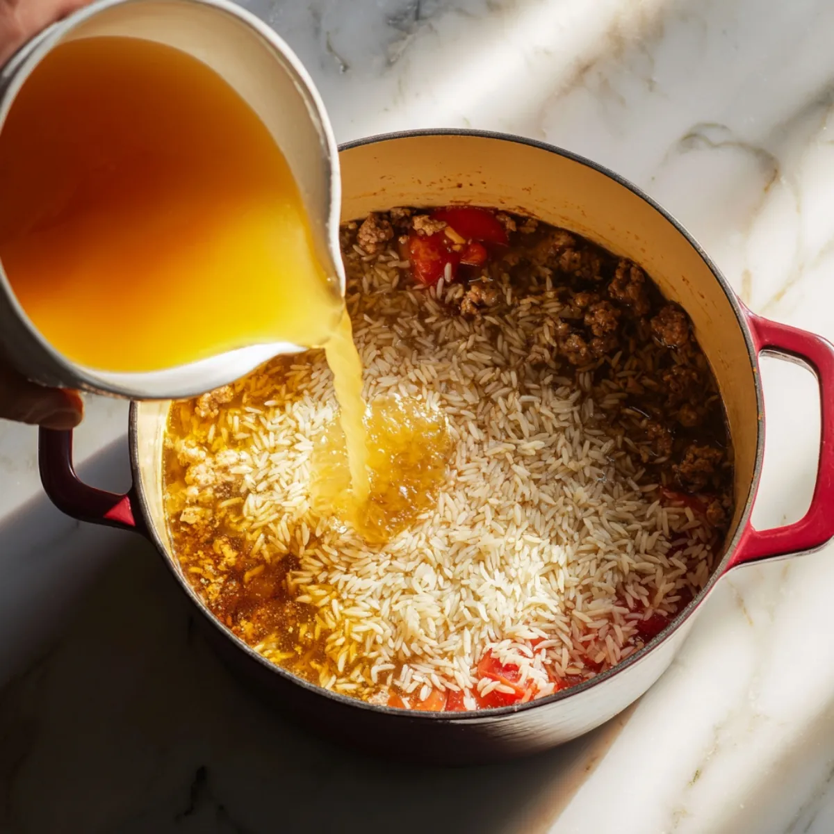 Overhead view of a Dutch oven on a marble countertop, raw long‑grain rice in a red tomato and sausage base as golden chicken broth is being poured over it.