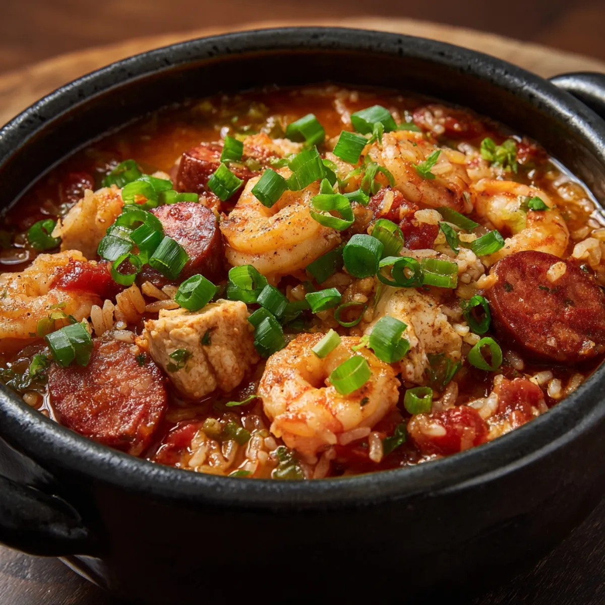 Close‑up of a black bowl filled with steaming jambalaya: plump pink shrimp, sliced Andouille sausage,
