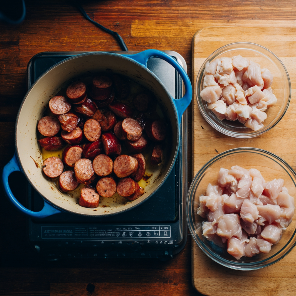 Overhead of a blue‑handled pot on an electric burner with Andouille sausage slices browning, next to a clear glass bowl of cubed raw chicken