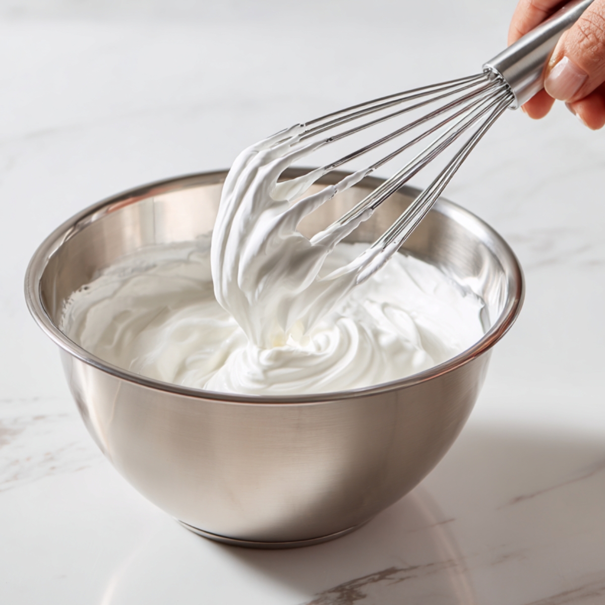 A stainless‑steel mixing bowl on a white marble surface, holding glossy, stiff‑peak egg whites; a hand lifts a whisk attachment with a firm peak clinging to its wires.