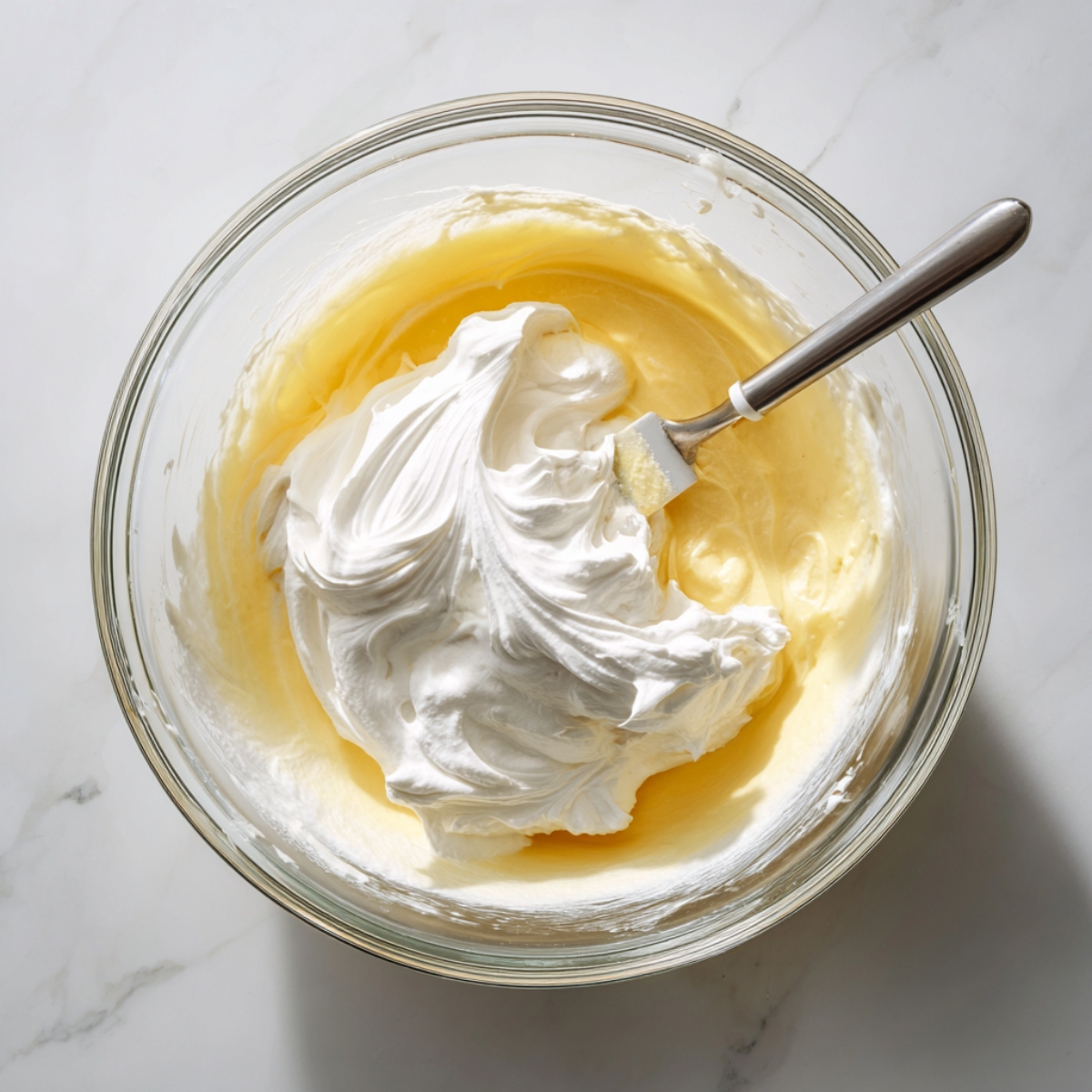 Overhead shot of a glass bowl on a marble countertop, showing a spatula gently folding fluffy whipped egg whites into a yellow egg‑yolk batter.
