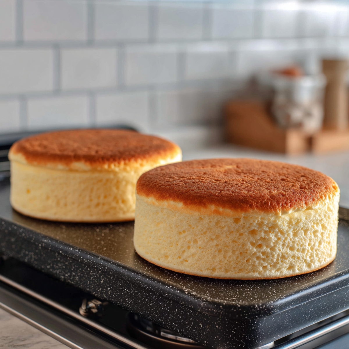 Close‑up of two thick, golden‑brown Japanese soufflé pancakes cooking on a speckled black griddle, with a blurred white subway‑tile backsplash in the background.