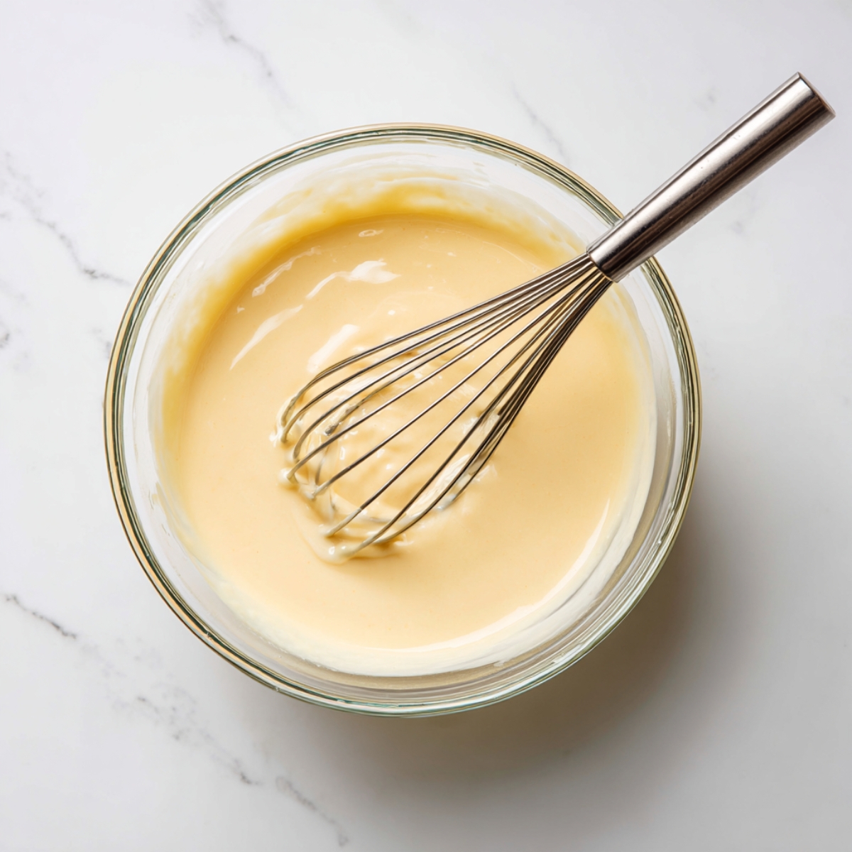 A clear glass bowl on a white marble countertop, filled with smooth, pale yellow pancake batter; a stainless‑steel whisk rests inside the bowl.