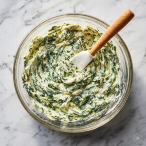 Overhead image of a large glass bowl filled with fully mixed spinach dip, flecked with green scallions and dusted with paprika, a white spatula resting inside.