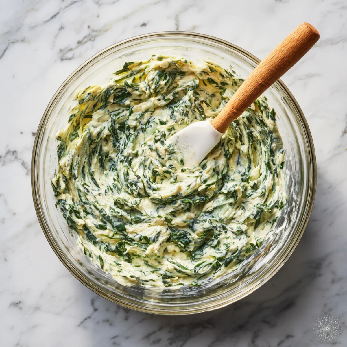 Overhead image of a large glass bowl filled with fully mixed spinach dip, flecked with green scallions and dusted with paprika, a white spatula resting inside.