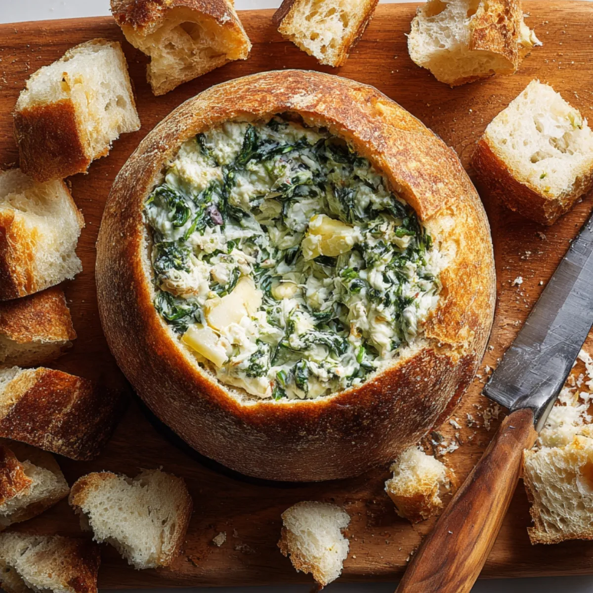 Overhead view of a wooden cutting board holding a hollowed‑out sourdough bread bowl filled with creamy spinach dip, surrounded by torn chunks of bread and a serrated knife.