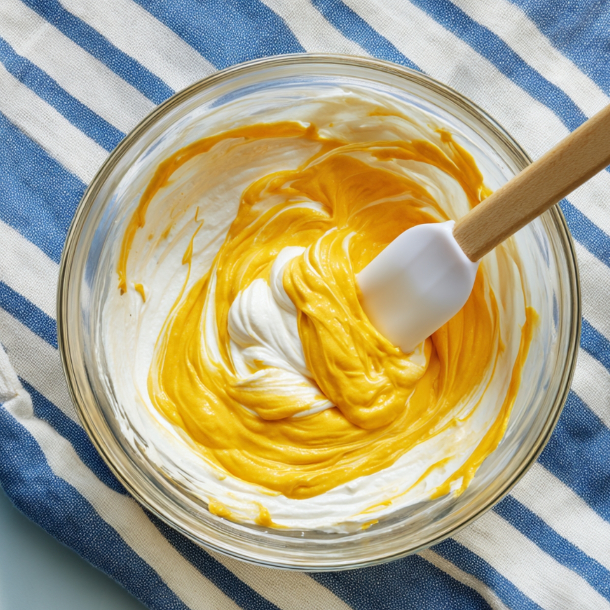 Overhead view of a clear glass mixing bowl set on a blue‑and‑white striped tea towel, showing whipped cream on one side and bright mango puree on the other, with a white‑silicone spatula beginning to fold the two together.