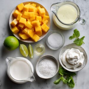 Flat‑lay of a gray marble countertop showing all mango mousse ingredients: a bowl of diced mango cubes, a glass pitcher of heavy cream, a small ramekin of granulated sugar, a bowl of bloomed gelatin, lime wedges and juice, a tiny bottle of vanilla extract, a dollop of whipped cream in a small dish, and sprigs of fresh mint.