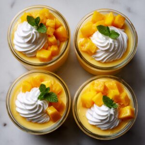 Four small glass jars arranged in a 2×2 grid on a gray marble surface, each filled with pale yellow mango mousse, topped with a swirl of whipped cream, diced mango cubes, and a fresh mint leaf.