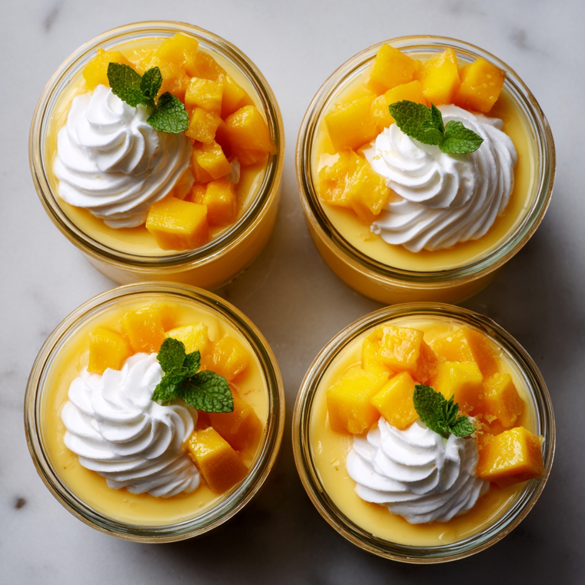 Four small glass jars arranged in a 2×2 grid on a gray marble surface, each filled with pale yellow mango mousse, topped with a swirl of whipped cream, diced mango cubes, and a fresh mint leaf.