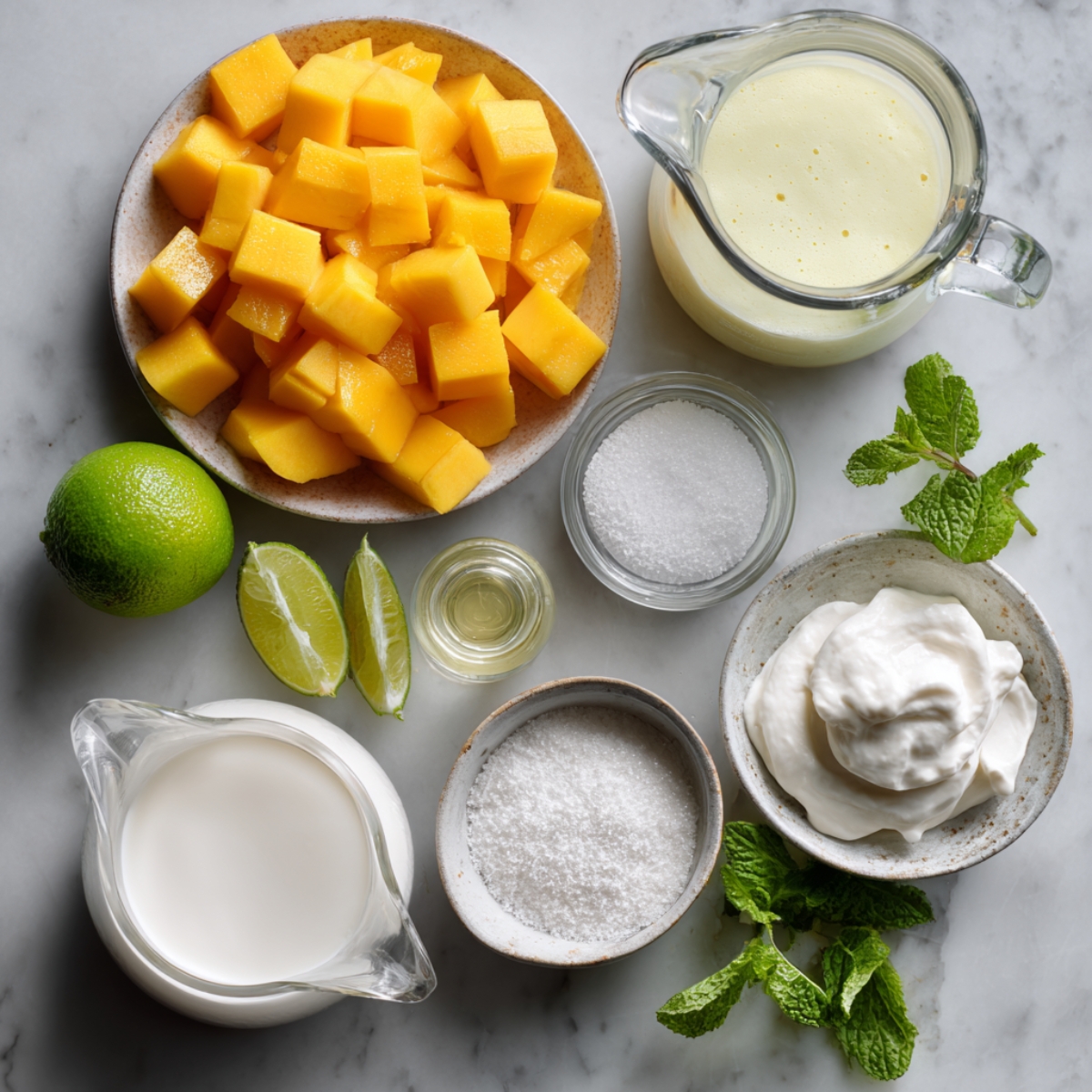 Flat‑lay of a gray marble countertop showing all mango mousse ingredients: a bowl of diced mango cubes, a glass pitcher of heavy cream, a small ramekin of granulated sugar, a bowl of bloomed gelatin, lime wedges and juice, a tiny bottle of vanilla extract, a dollop of whipped cream in a small dish, and sprigs of fresh mint.