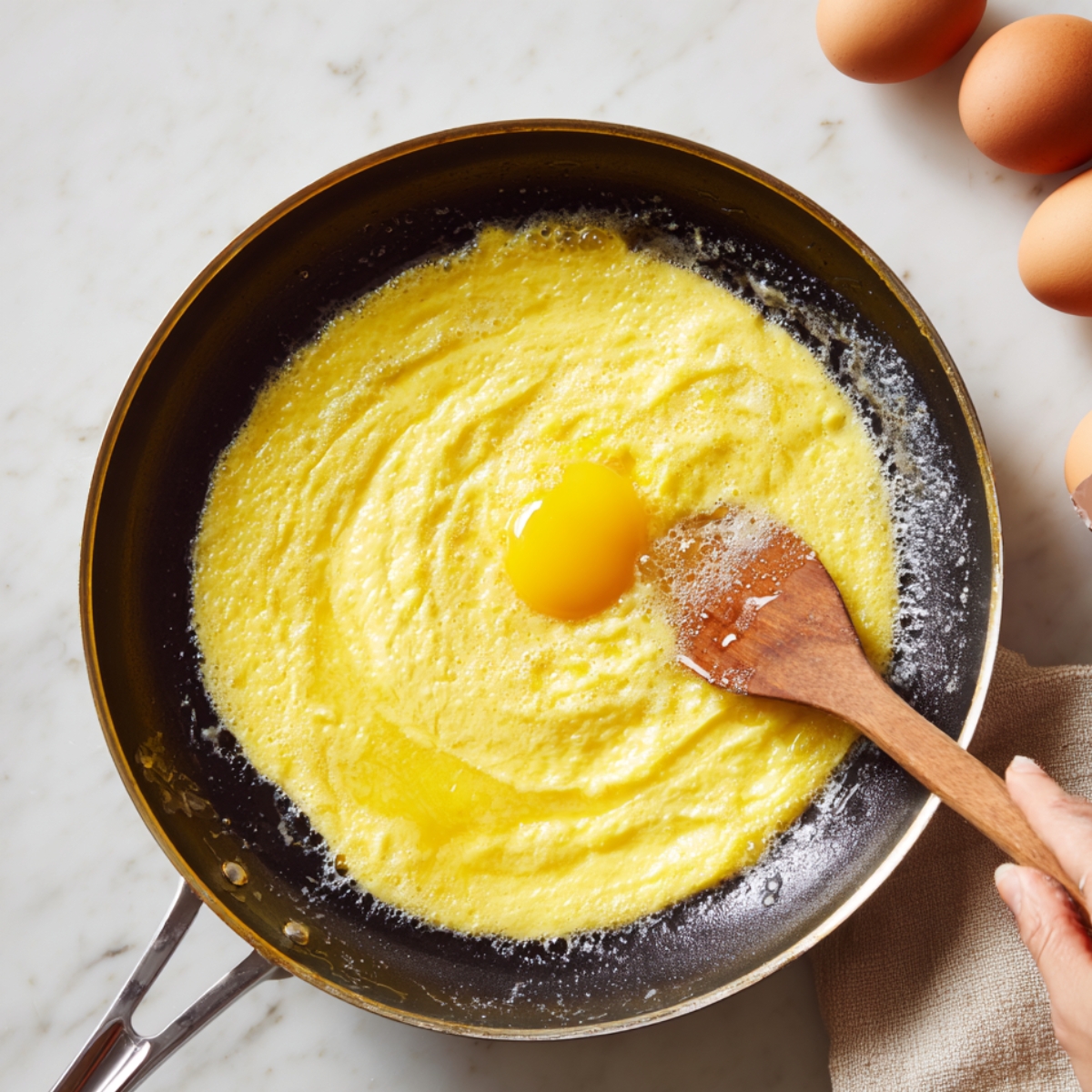 Overhead of a hot skillet on a marble surface: fluffy egg mixture beginning to set around the edges while a wooden spatula gently stirs the center, fresh eggs and shells nearby.