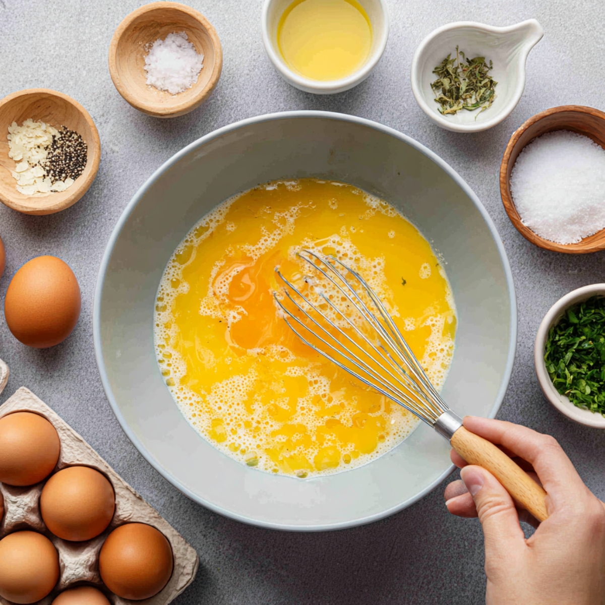 Overhead view of a rustic wooden tabletop scattered with omelette fixings: whole eggs in a wooden bowl, fried eggs in a small dish, sliced mushrooms, wilted spinach, chopped prosciutto, a small bowl of shredded cheese, a cup of olive oil, a bowl of cream, a dish of coarse salt, ground pepper, and dried herbs—all ready for assembly.