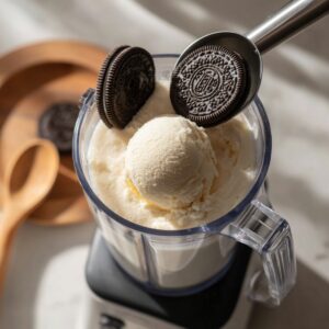A close-up view inside a blender jar shows scoops of vanilla ice cream nestled among whole Oreo cookies, ready to be blended, with sunlight casting soft shadows across the clear container and a wooden spoon resting nearby.