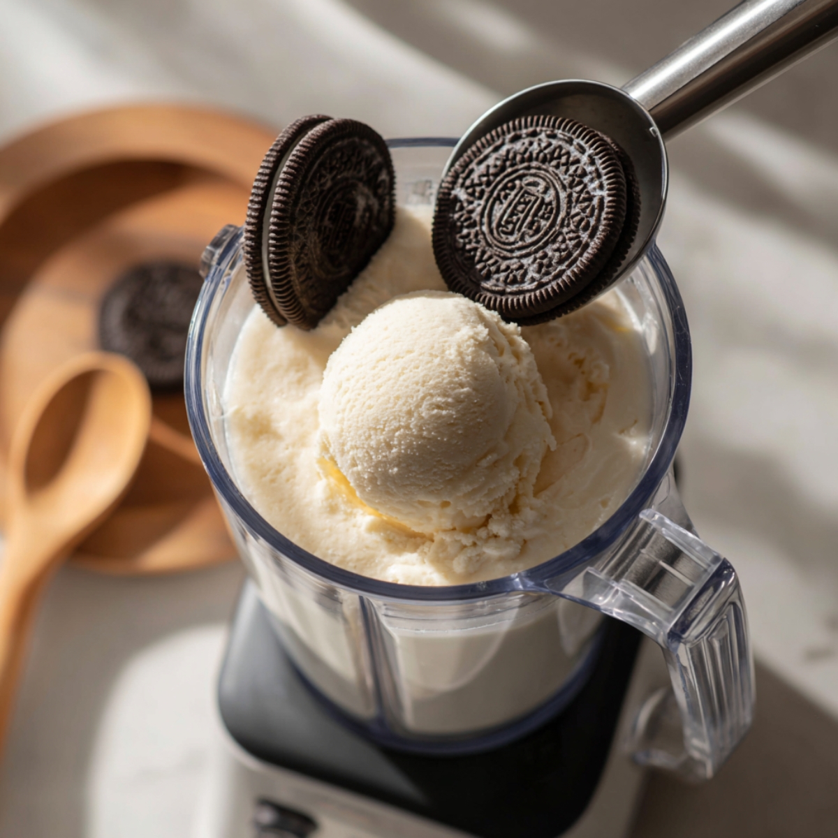 A close-up view inside a blender jar shows scoops of vanilla ice cream nestled among whole Oreo cookies, ready to be blended, with sunlight casting soft shadows across the clear container and a wooden spoon resting nearby.