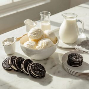 An overhead flat lay displays a marble countertop scattered with ingredients for an Oreo milkshake—a bowl of vanilla ice cream scoops, a small pitcher of whole milk, stacked Oreo cookies, a glass bowl of whipped cream, and a pool of chocolate syrup all arranged neatly in soft morning light.