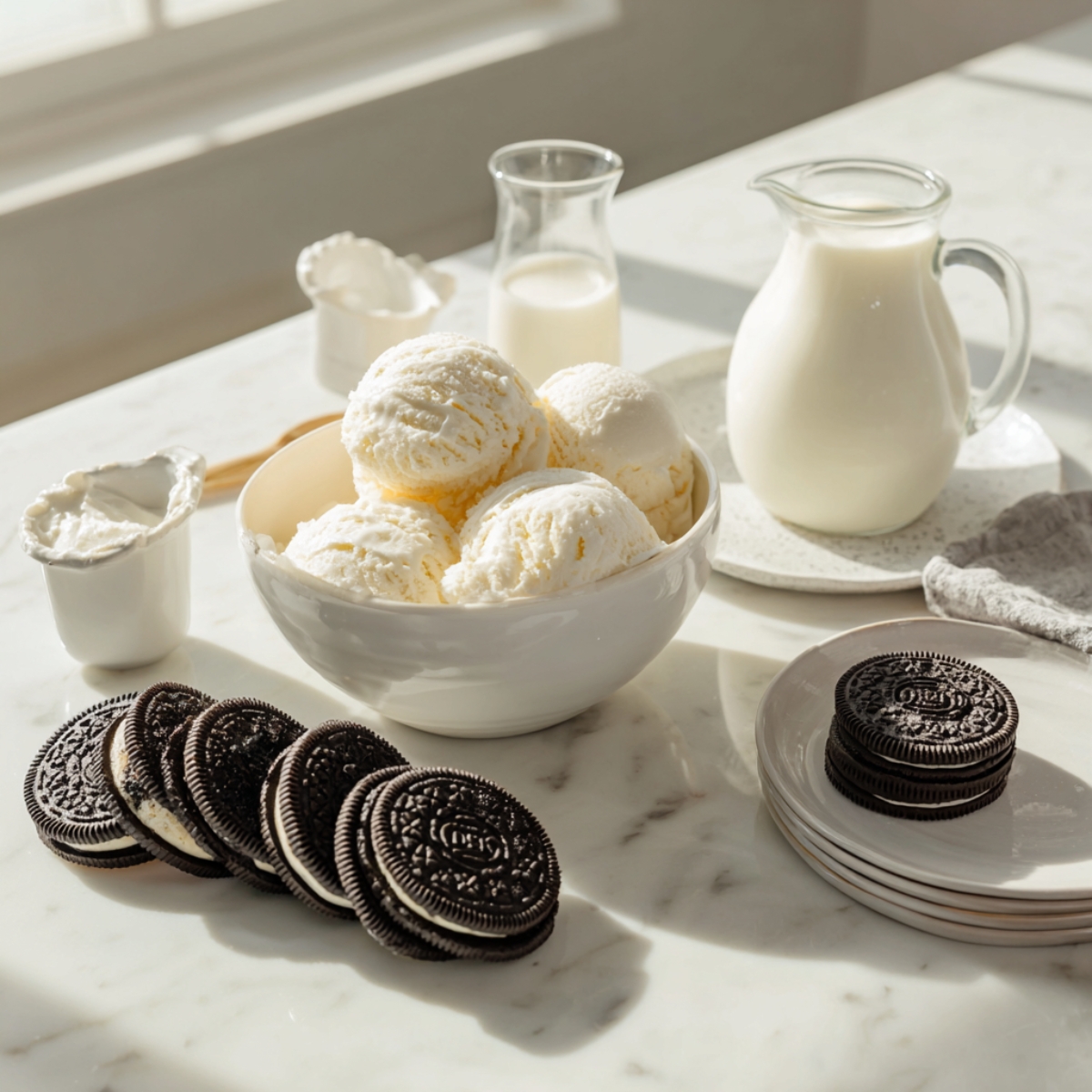 An overhead flat lay displays a marble countertop scattered with ingredients for an Oreo milkshake—a bowl of vanilla ice cream scoops, a small pitcher of whole milk, stacked Oreo cookies, a glass bowl of whipped cream, and a pool of chocolate syrup all arranged neatly in soft morning light.