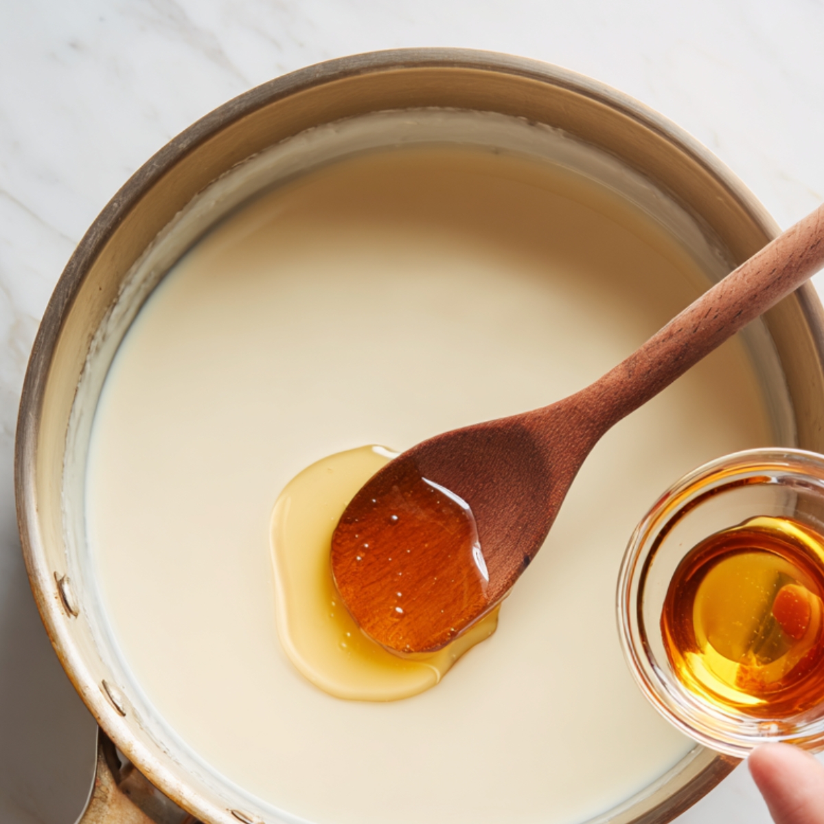 Top‑down view of a stainless‑steel saucepan filled with warmed cream, a wooden spoon resting inside, and a hand holding a small glass bowl of amber vanilla extract poised to pour into the mixture.